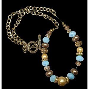 Handmade Glam Glass And Faux Pearl Beaded Blue And Gold Tone Necklace